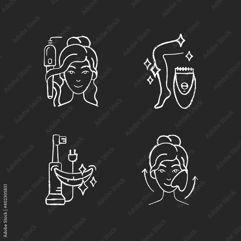 Skin-care tools chalk white icons set on black background. Curling iron. Epilator. Electric toothbrush. Gua sha stone. Hair tong. Removing unwanted hair. Isolated vector chalkboard illustrations