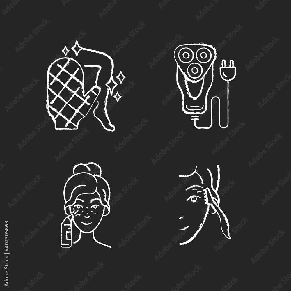 Beauty appliances chalk white icons set on black background. Body scrubber. Electric shaver. Blackhead remover. Eyebrow razor. Smooth, clear skin. Trimmer. Isolated vector chalkboard illustrations