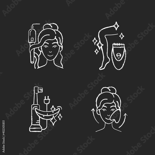 Skin-care tools chalk white icons set on black background. Curling iron. Epilator. Electric toothbrush. Gua sha stone. Hair tong. Removing unwanted hair. Isolated vector chalkboard illustrations