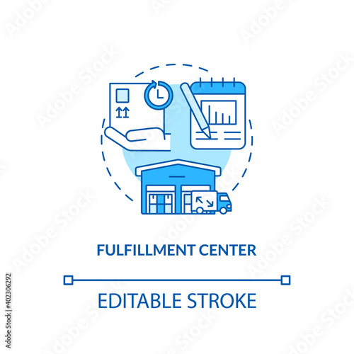 Fulfillment center concept icon. Ecommerce warehouse solutions. Packing buildings for your store. Commerence idea thin line illustration. Vector isolated outline RGB color drawing. Editable stroke