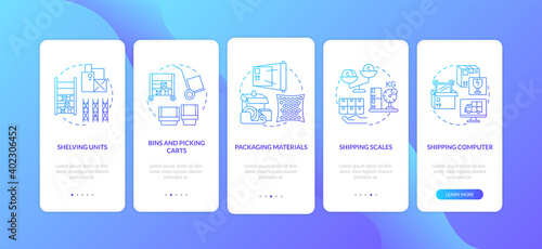 Storehouse management dark blue onboarding mobile app page screen with concepts. Warehouse order organization walkthrough 5 steps graphic instructions. UI vector template with RGB color illustrations