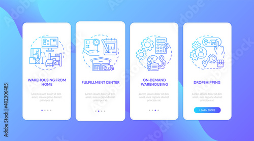 Warehouse customer services dark blue onboarding mobile app page screen with concepts. Order storage, shipping walkthrough 5 steps graphic instructions. UI vector template with RGB color illustrations