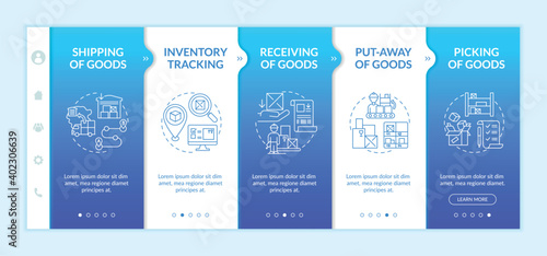 Shipping of goods onboarding vector template. Inventory tracking. Receiving parcel. Stock management. Responsive mobile website with icons. Webpage walkthrough step screens. RGB color concept