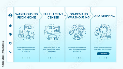 Warehousing from home onboarding vector template. Fulfillment center. On demand warehousing. Responsive mobile website with icons. Webpage walkthrough step screens. RGB color concept