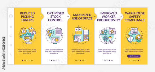 Warehouse service onboarding vector template. Improved worker productivity. Optimised stock control. Responsive mobile website with icons. Webpage walkthrough step screens. RGB color concept