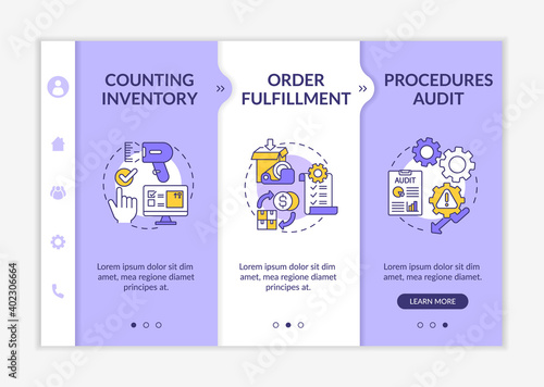 Storehouse procedures audit onboarding vector template. Warehouse management. Order fulfillment. Responsive mobile website with icons. Webpage walkthrough step screens. RGB color concept