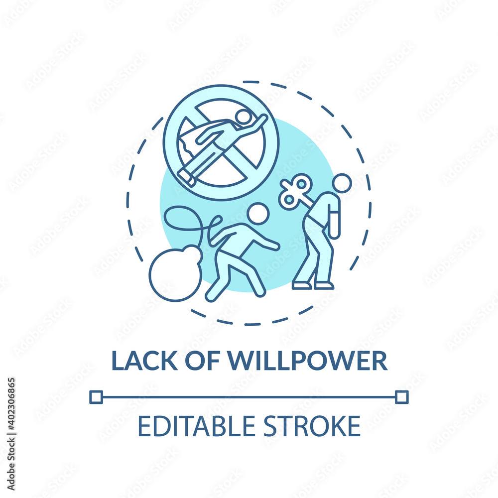 Willpower lacking concept icon. Procrastination reason idea thin line illustration. Anxiety, failure, rejection fear. Apathy feeling. Vector isolated outline RGB color drawing. Editable stroke Willpower lacking concept icon. Procrastination reason idea thin line illustration. Anxiety, failure, rejection fear. Apathy feeling. Vector isolated outline RGB color drawing. Editable stroke
