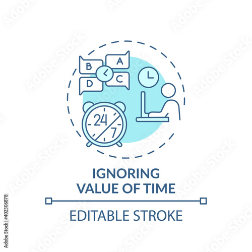 Ignoring time value concept icon. Time-management problem idea thin line illustration. Poor punctuality. Missing deadlines entirely. Vector isolated outline RGB color drawing. Editable stroke