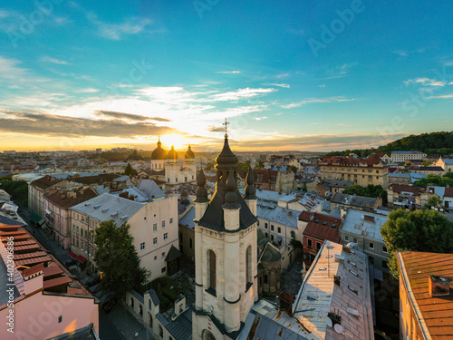 View on Armenian Cathedral of the Assumption of Mary from drone in Lviv, Ukraine