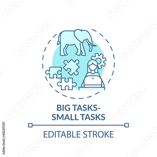 Big tasks, small tasks concept icon. Overcoming procrastination tip idea thin line illustration. Preventing large-task avoidance. Vector isolated outline RGB color drawing. Editable stroke