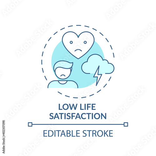 Low life satisfaction concept icon. Procrastination effect idea thin line illustration. Depression symptoms. Low mood. Injured self-esteem. Vector isolated outline RGB color drawing. Editable stroke