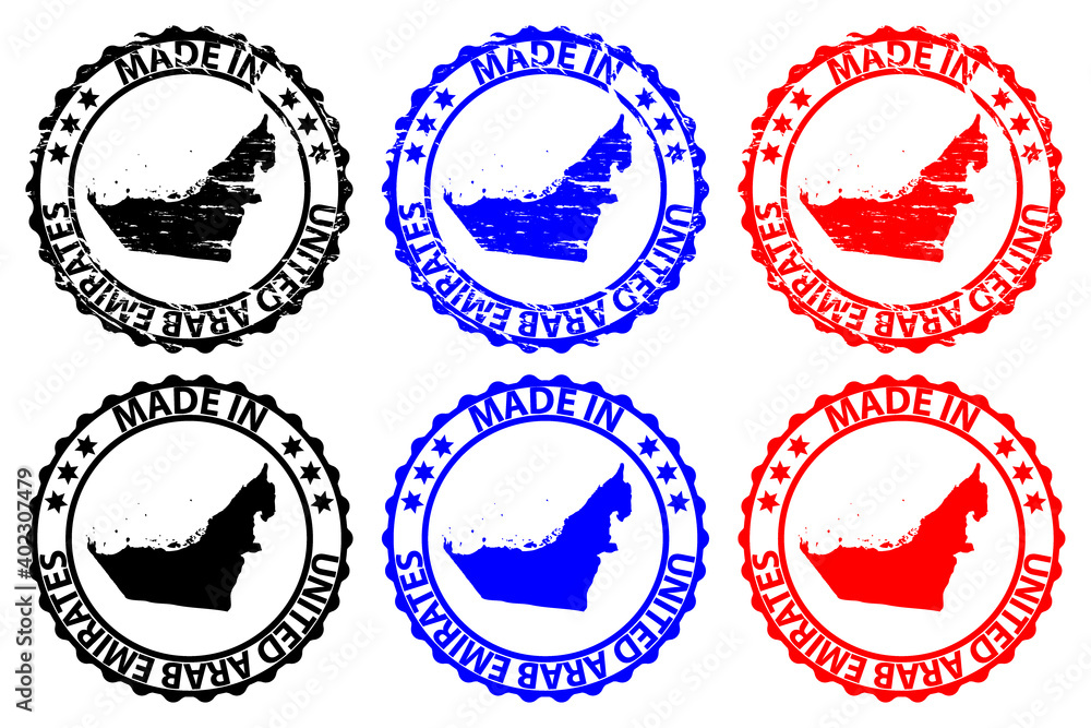 Obraz premium Made in United Arab Emirates - rubber stamp - vector, United Arab Emirates (UAE) map pattern - black, blue and red