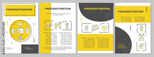 Procrastination brochure template. Flyer, booklet, leaflet print, cover design with linear icons. Delay your work. Minimize laziness. Vector layouts for magazines, annual reports, advertising posters