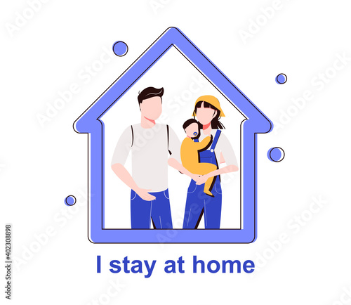 I stay at home awareness social media campaign and coronavirus prevention: family smiling and staying together