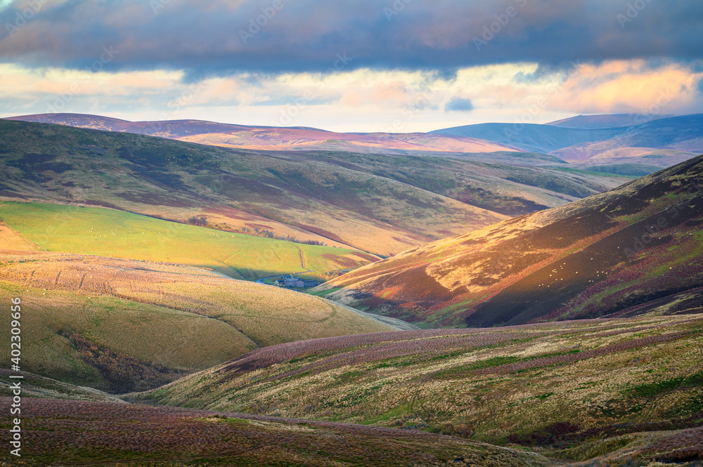 View looking down Upper Coquetdale, a remote  valley located in the Cheviot Hills close to the Scottish Border in Northumberland National Park