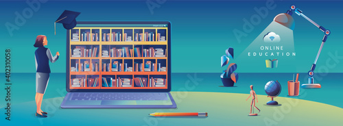 Online Education Application learning worldwide on Laptop, website background. social distance concept book lecture pencil. The classroom training course, library Vector Illustration Flat Design