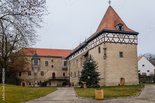 Fortified medieval stronghold, Moated gothic castle at romantic style, National cultural landmark with Christmas tree in winter day, Budyne nad Ohri, Bohemia, Czech Republic