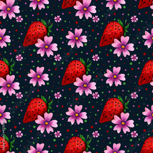 Watercolor seamless pattern with red strawberries,delicate flowers and colorful dots.Hand drawn design,summer fruit illustration on blue background.For fabrics,textiles,printable,wallpaper,packaging.