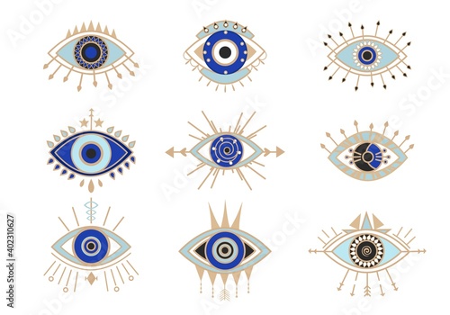 Occult eyes symbols set. Esoteric signs with circle and arrows mystical amulets with geometric figures of religious secrets sacred vision of astral worlds and universes. Vector sacrament.