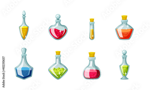 Magic potion vials set. Glass flasks with red elixir for game mechanics and interface green chemical substance with bubbles yellow alchemical liquid sealed corks. Vector potion making.