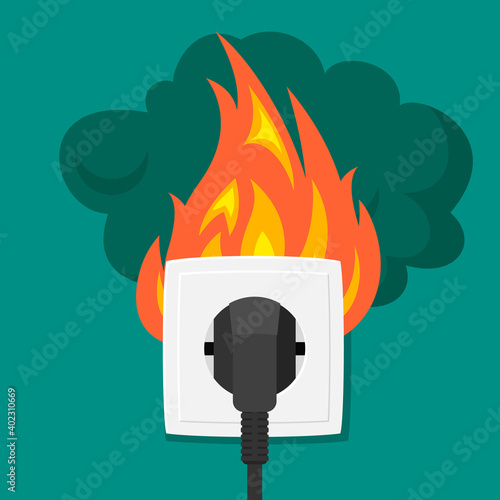 Burning electrical outlet illustration. Electrical short circuit from black plug bright faucet flame with smoke danger broken cable voltage surges with risk accident overload. Vector safety technique