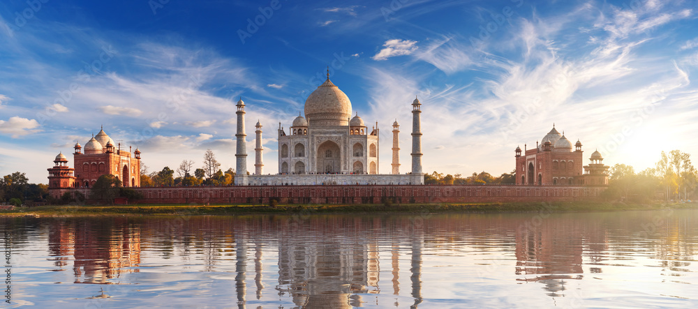 Taj Mahal at sunset and its reflection, place of visit in India, view from Mehtab Bagh, Agra, Uttar Pradesh