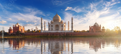 Taj Mahal at sunset and its reflection, place of visit in India, view from Mehtab Bagh, Agra, Uttar Pradesh photo
