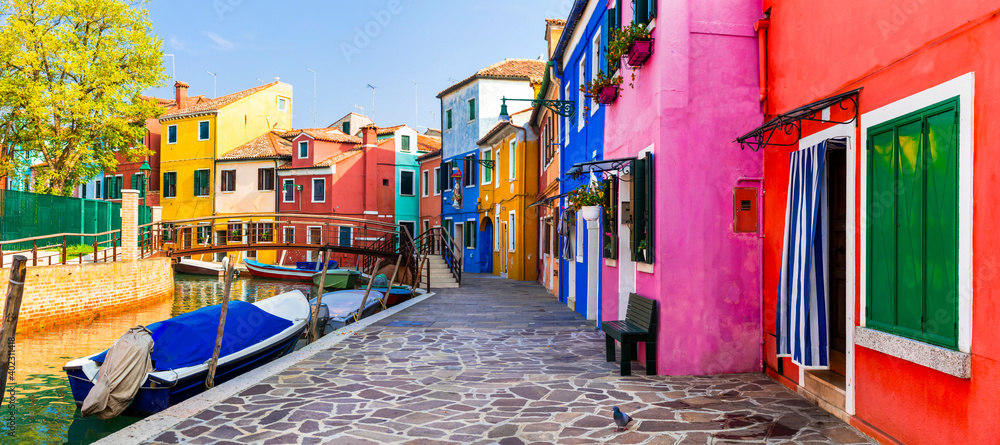 Most colorful traditional fishing town (village) Burano - Island near of Venice. Italy travel and landmarks - obrazy, fototapety, plakaty 