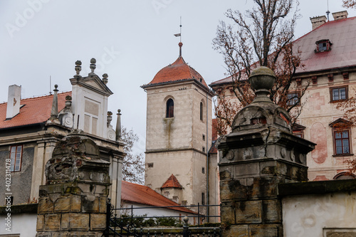 Castle Libochovice with French style park and garden, Romantic baroque chateau in winter day, Castle Chapel of Sacred Heart of Jesus, Litomerice district, Bohemia, Czech Republic
