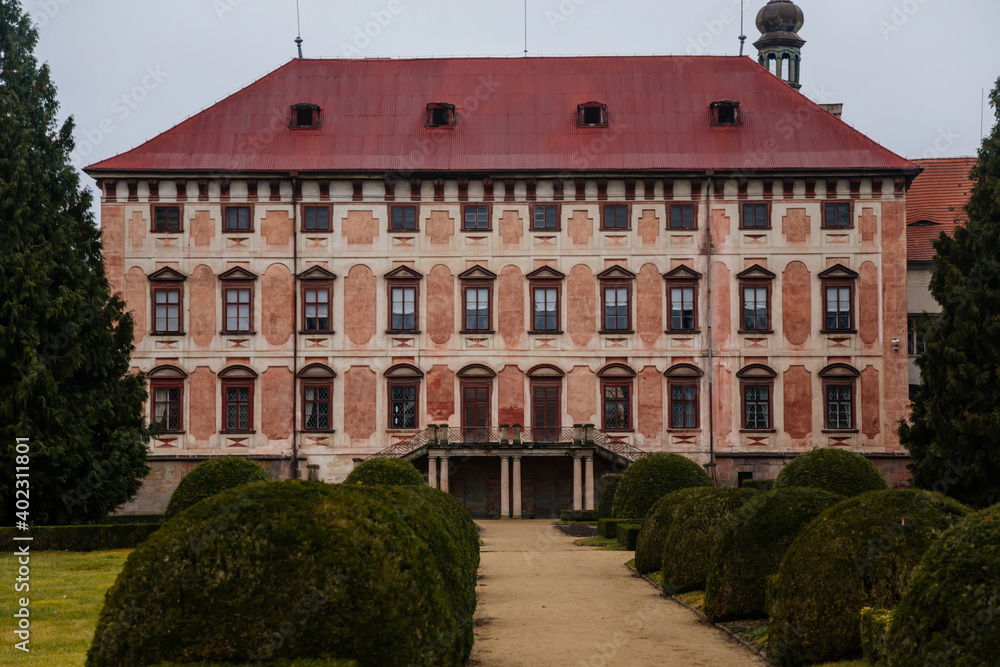 Castle Libochovice with French style park and garden, Romantic baroque chateau in winter day, Front view, Litomerice district, Bohemia, Czech Republic
