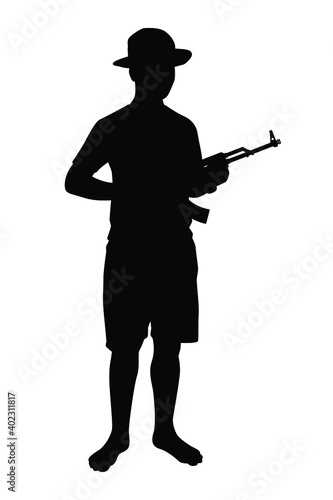 Young boy soldier with weapon silhouette vector