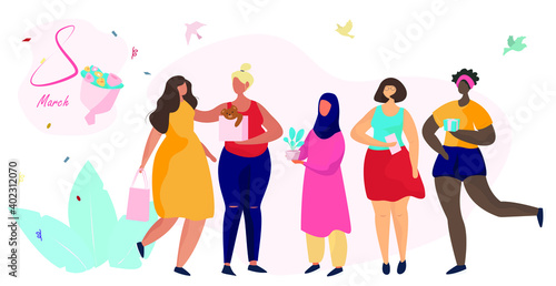 Women's day characters girls.Female diverse faces of different ethnicity poster.8 March Happy Women's Day.Bouquet of flowers.Group of women of different age, race and outfits.Vector flat illustration