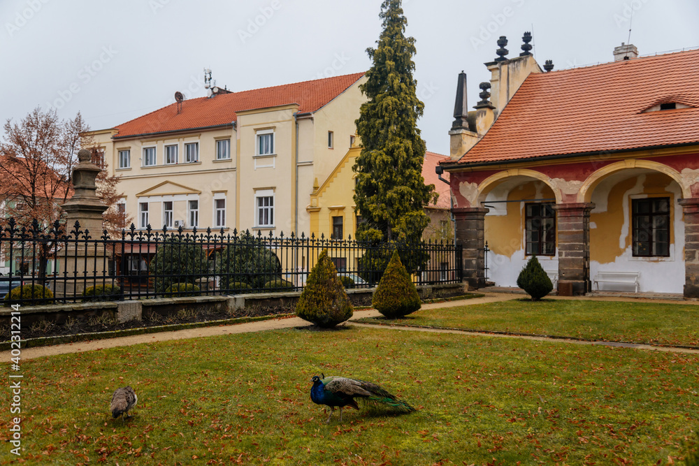 Arcades of castle Libochovice with French style park and garden, Romantic baroque chateau in winter day, Litomerice district, Bohemia, Czech Republic