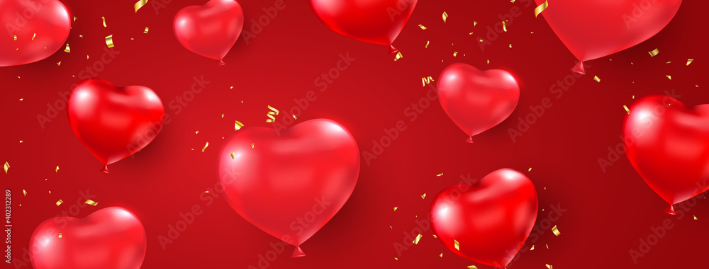 Happy Valentine's Day holiday card. Heart red balloon with gold confetti long banner. Realistic balloons shape heart. Celebration background. Luxury party border. Vector illustration