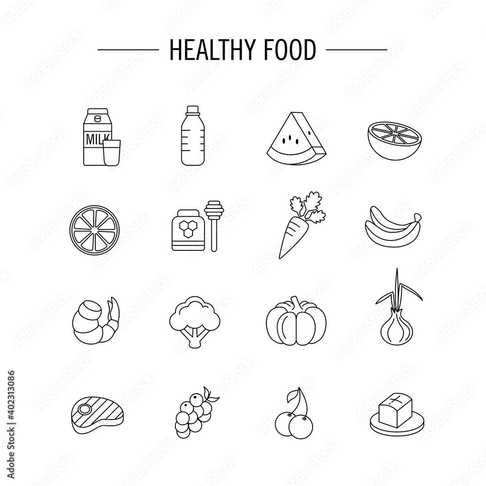 Icon set for healthy and nutritious food ingredients. Perfect for design elements from the health food web, infographics and organic food.