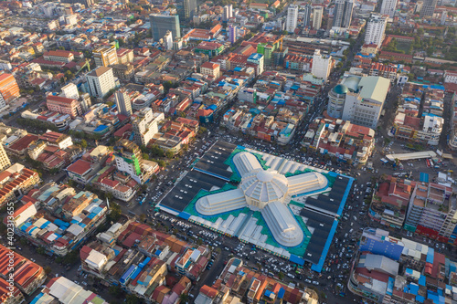 Phnom Penh Central Market in the sunset with beautiful landscape by drone  