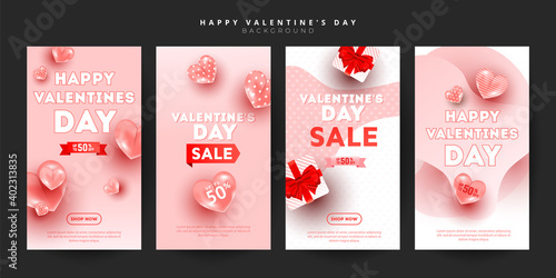 Valentines day instagram sale story set. Flying air heart shaped balloon elements, gift boxes over clouds. Design template for advertising, web, social media.