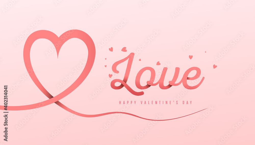 Hand drawn valentines day love banner template with love text in paper style on pink background.