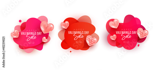 Valentines day sale story collection set. Flying air heart shaped balloon elements. Design template for advertising, web, social media.