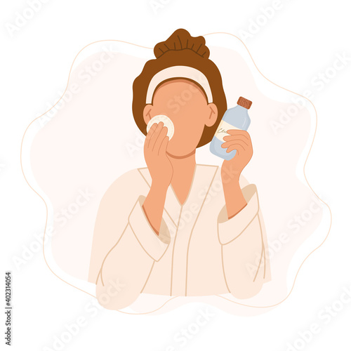 Skin care routine. Woman in bathrobe applying toner on her face. Cute cartoon hand drawn vector illustration in flat style isolated on white.