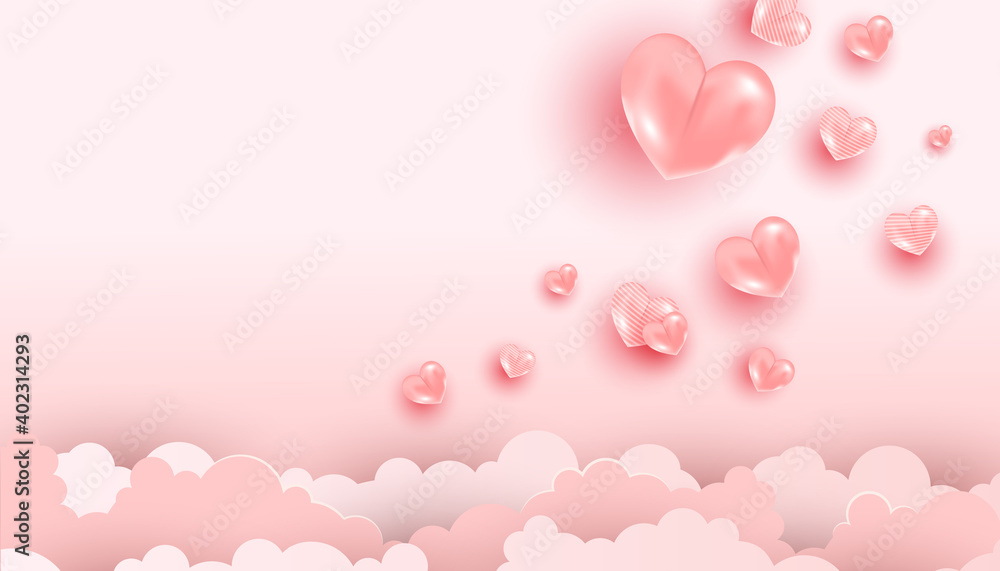 Trendy minimal pink background of hearts flying in the clouds with copy space for Valentine Day concept.