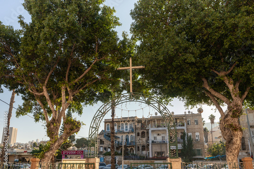 Decorative metal gate of the St. Josephs Church decorated for the celebration of Christmas on the Sderot HaMeginim Street in the Haifa city in northern Israel photo