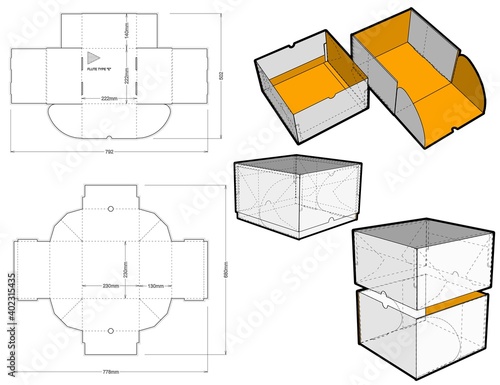 Special Box Design for Cakes and Pastries. Ease of assembly, no need for glue (Internal measurement 22x22x14 cm) and Die-cut Pattern. 