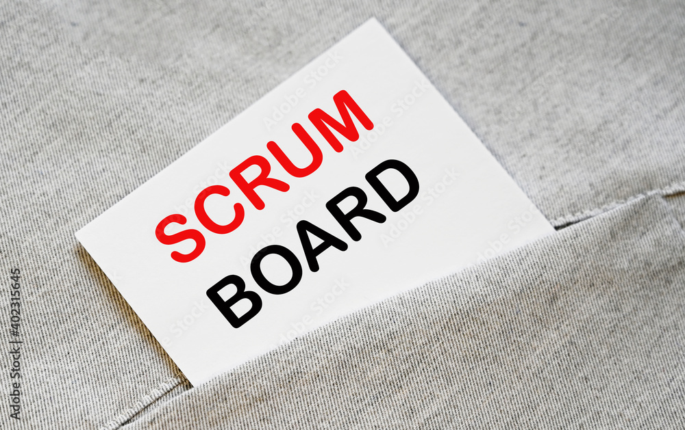 SCRUM BOARD text on the white sticker in the shirt pocket. SCRUM BOARD text on the white sticker in the shirt pocket.