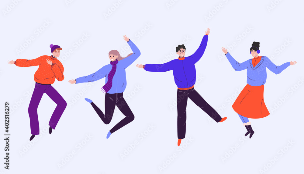 Happy dancing people isolated on gentle purple background. Exciting music party, disco, dancing cartoon images of people. Vector illustration