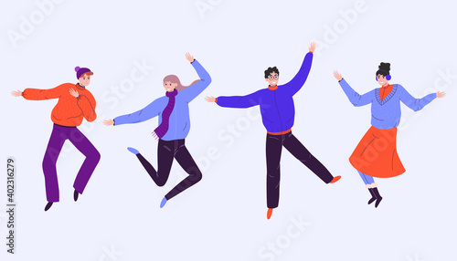 Happy dancing people isolated on gentle purple background. Exciting music party, disco, dancing cartoon images of people. Vector illustration