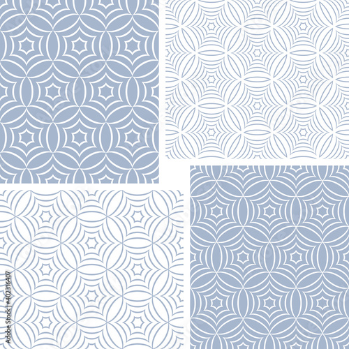 Abstract seamless geometric blue patterns set.