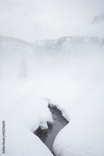 Torrente in paesaggio alpino con neve e nebbia photo