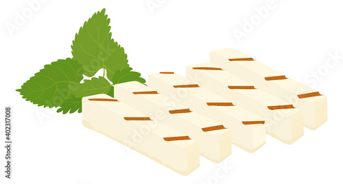 Halloumi grilled cheese and mint cartoon icon. Vector illustration of traditional Cypriot food isolated on white. Haloumi sliced  rectangular piece 