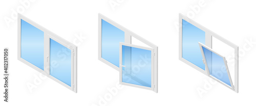 Isometric vector illustration plastic windows isolated on white background. Isometric vector diagram showing a casement window in three different positions: closed, tilted open and swung fully open.